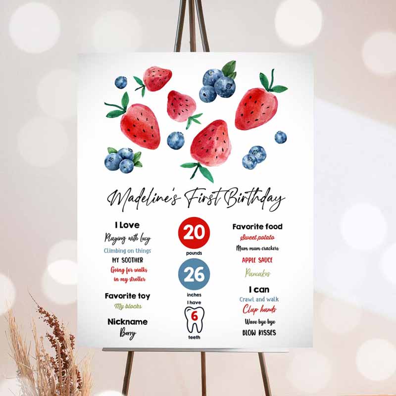 Farm Animal Invitation, Milestones Sign Strawberry BlueGirl Farmer Invitation