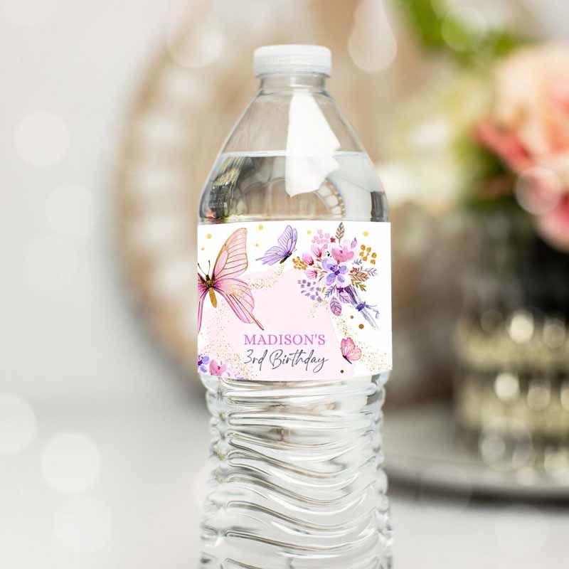 Floral Invitation, Butterfly Water Bottle Labels, Girl Floral Butterfly Party, Garden Pink Gold Invitation