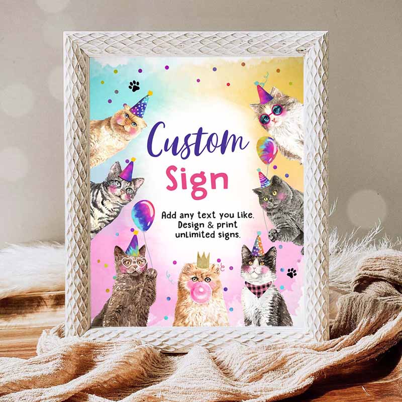 Custom Sign Cat Birthday, Kitten Birthday Party Girl Pawty Decor Invitation