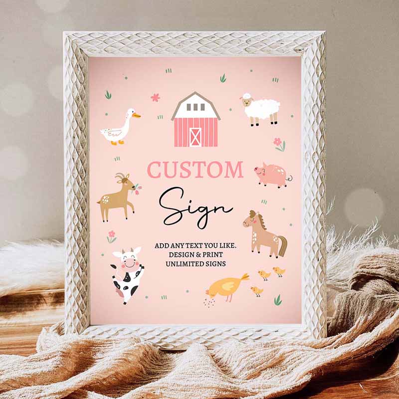 Farm Animal Invitation, Custom Sign Farm Animals Sign Pink Barnyard Birthdayations Girl Cow Invitation