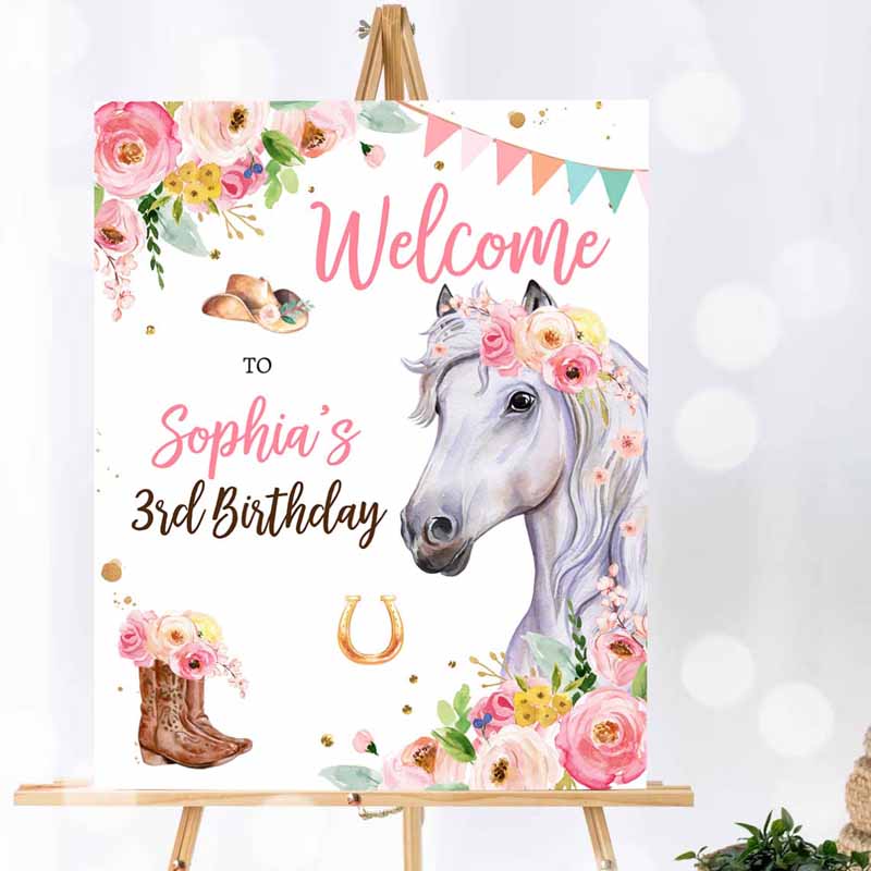 Cowgirl Invitation, Horse Birthday, Welcome Sign Pony Birthday, Welcome Sign Cowgirl Party, Floral Invitation