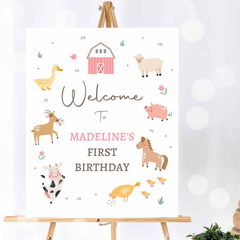 Farm Animal Invitation, Pink Farm Birthday, Welcome Sign Barnyard Birthday, Welcome Sign Farm Animals Invitation