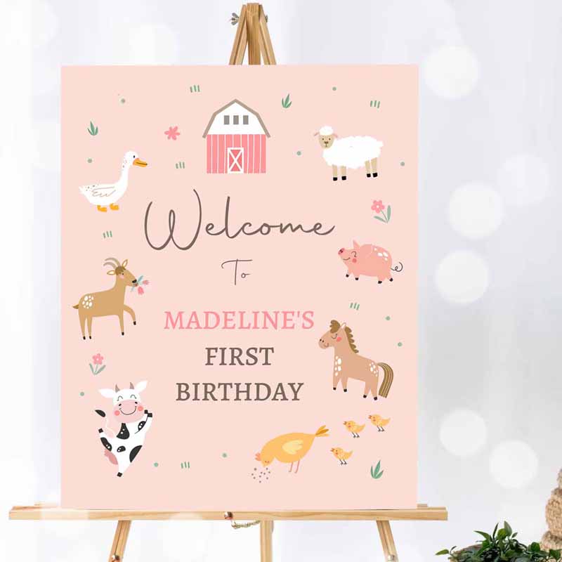 Farm Animal Invitation, Pink Farm Birthday, Welcome Sign Barnyard Party, Birthday, Welcome Sign Farm Invitation