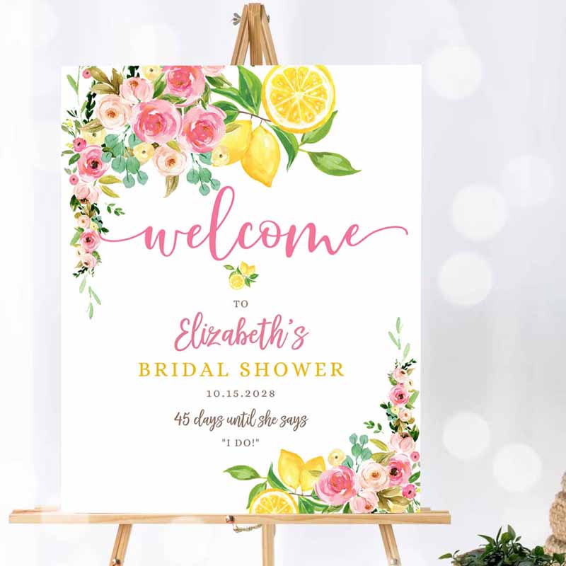 Floral Invitation, Pink Floral Lemon Bridal Shower Baby Shower Sprinkle Welcome Sign Yard Invitation