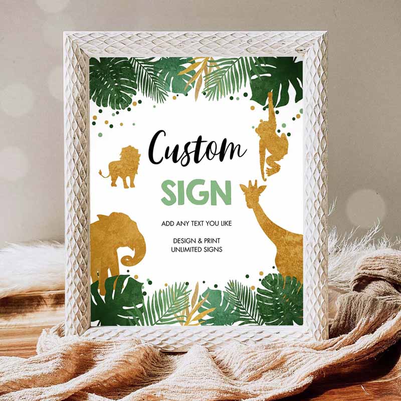 Safari Animals Custom Sign Birthday, Table Sign Decor Jungle Green Gold Invitation