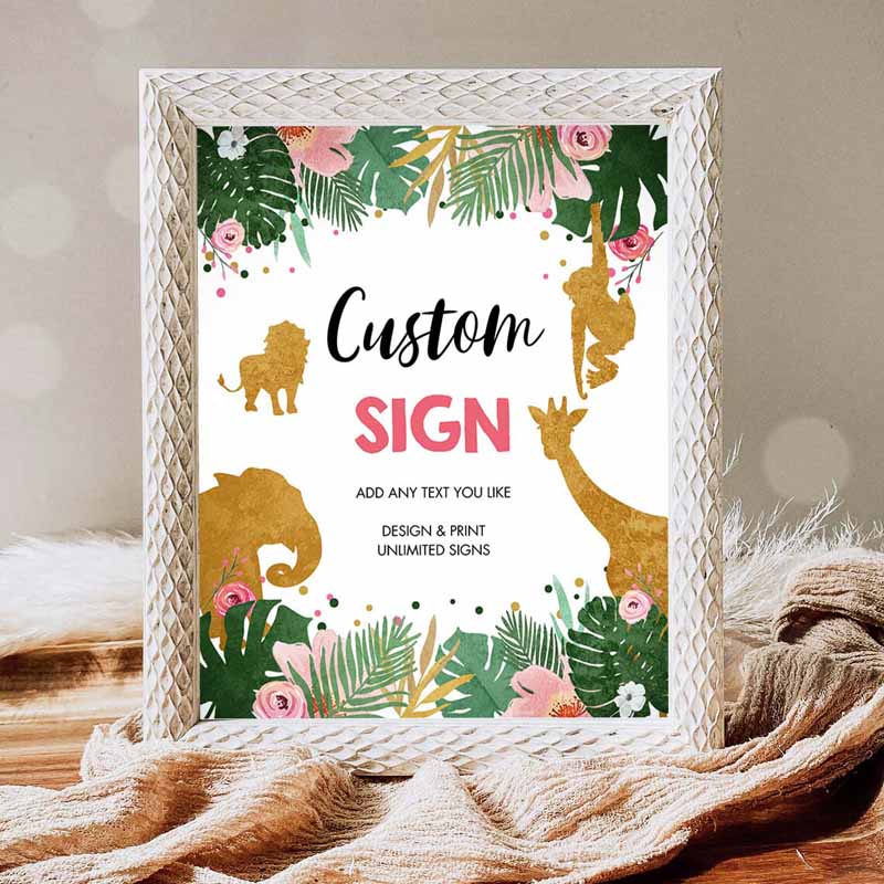 Safari Animals Custom Sign Birthday, Table Sign Decor Jungle Green Pink Invitation