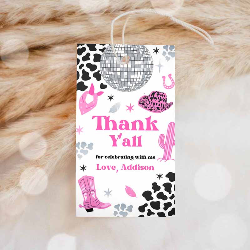 Cowgirl Invitation, Space Cowgirl Birthday Party, Luggage Favor Tag, Pink Disco Cowgirl Party Invitation