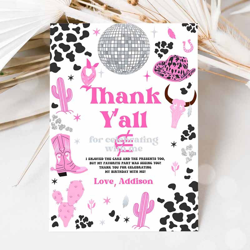 Cowgirl Invitation, Space Cowgirl Birthday Party, Thank You Card Pink Disco Cowgirl Party Invitation