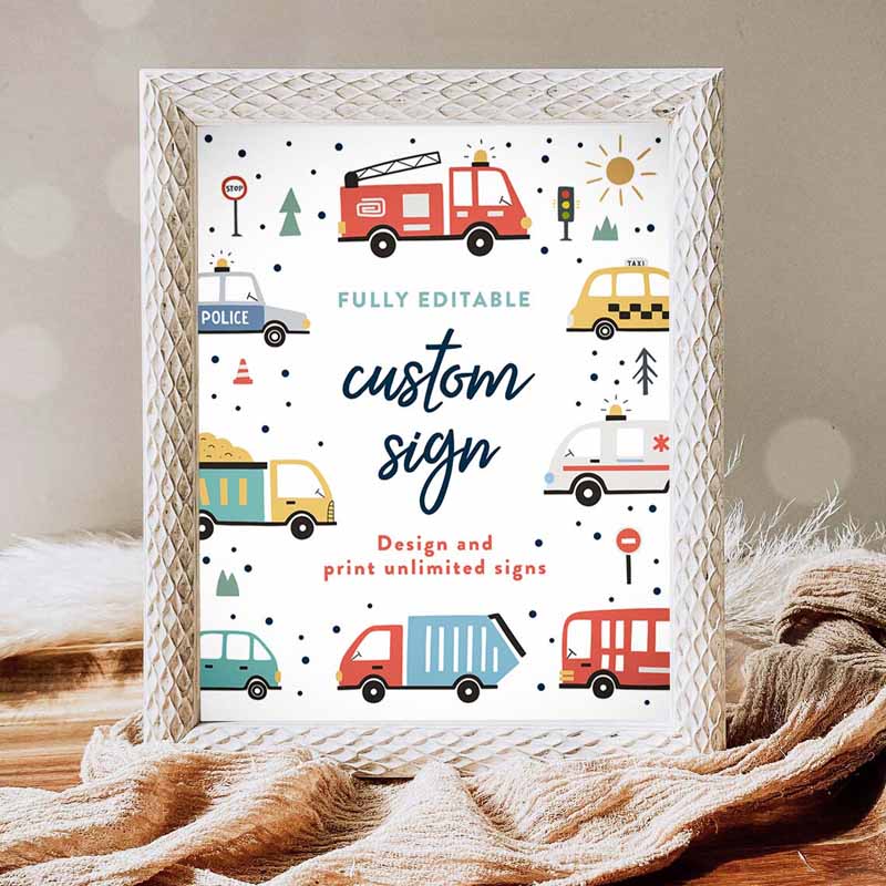 Fully Custom Sign Trucks Cars Diggers Tractor First Responders Birthday Invitation