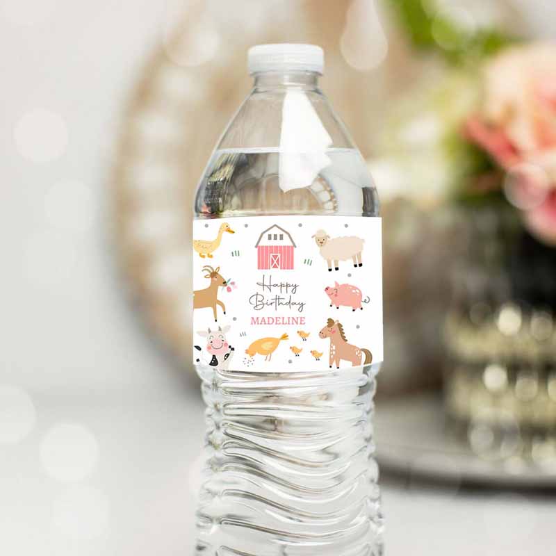 Farm Animal Invitation, Water Bottle Labels Farm Animals Girl Birthday, Pink Barnyard Farm Birthday Invitation