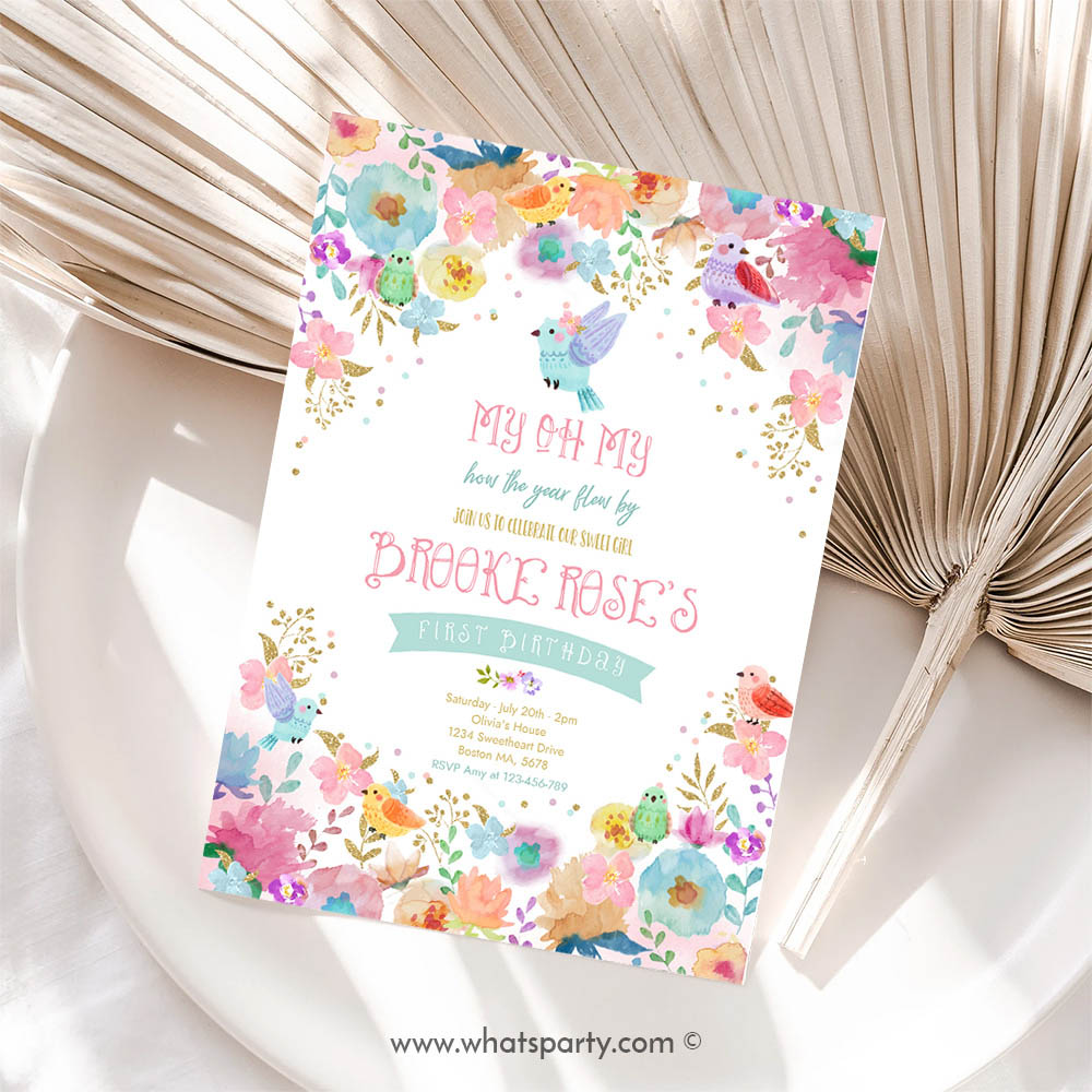 Floral Invitation, Floral Bird Birthday Invitation, Girl Bird Birthday Invitation