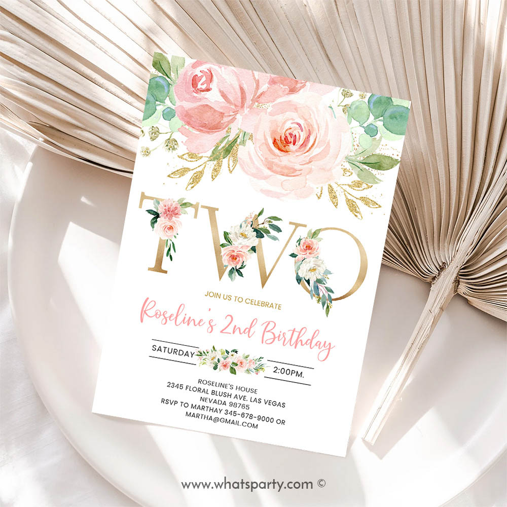 Floral Invitation, Blush Pink Floral Baby 2nd Birthday Party Invitation Baby Second Birthday Invite