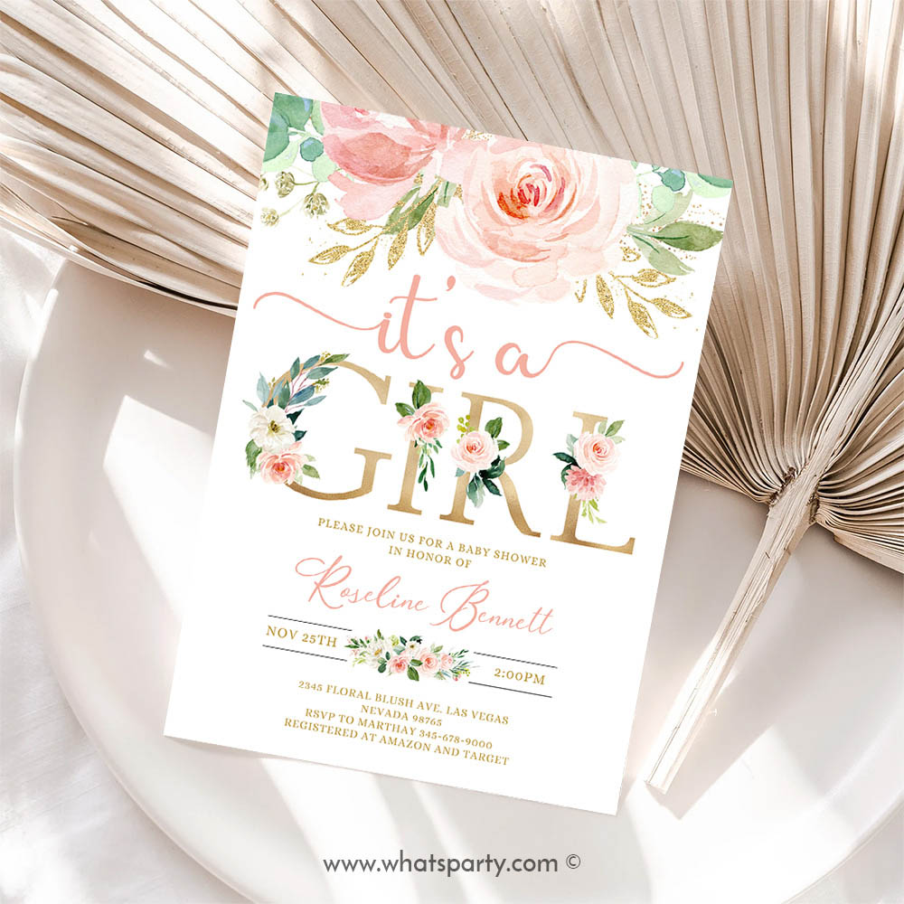 Floral Invitation, Blush Pink Floral Baby Shower Invitation It's a girl Baby Shower Invite, Sweet Girl Invitation