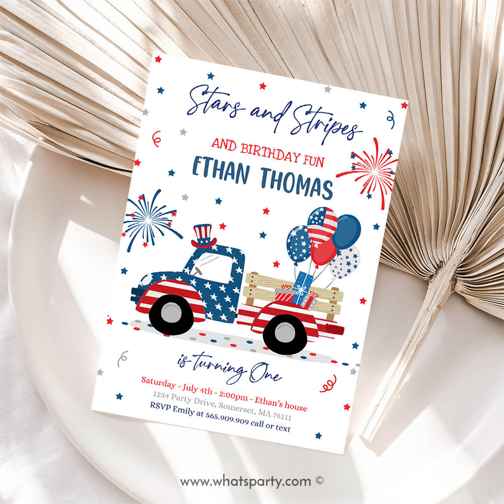 4th Of July Invitation, 4th Of July Stars & Stripe Truck Birthday, Memorial Day Independence Day Party Invitation