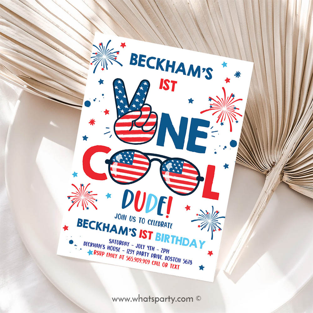 4th Of July Invitation, One Cool Dude 4th Of July 1st Birthday Invitation, Memorial Day Birthday Invitation