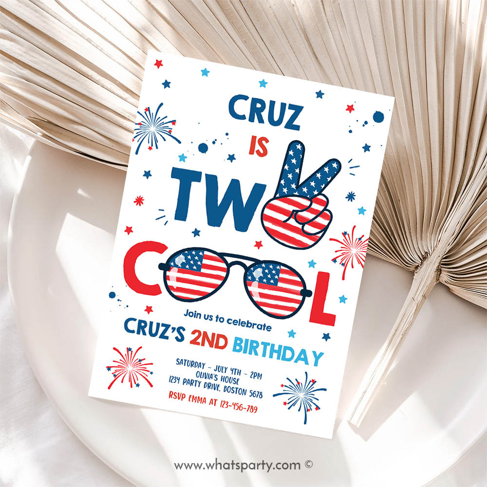 4th Of July Invitation, Two Cool Dude 4th Of July 2nd Birthday Invitation, Memorial Day Birthday Invitation