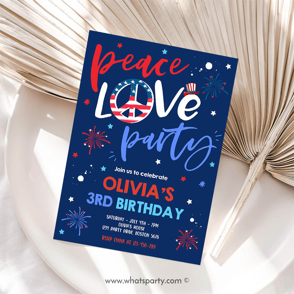 4th Of July Invitation, Peace Love Party, 4th Of July Birthday, Memorial Day Independence Day Blue Party Invitation