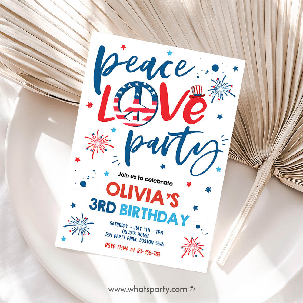 4th Of July Invitation, Peace Love Party, 4th Of July Birthday, Memorial Day Independence Day Party Invitation