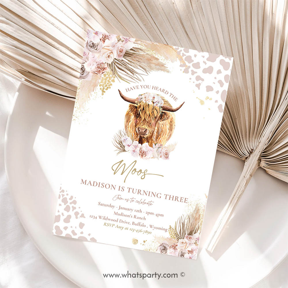 Boho Invitation, Boho Cow Birthday Party Invitation