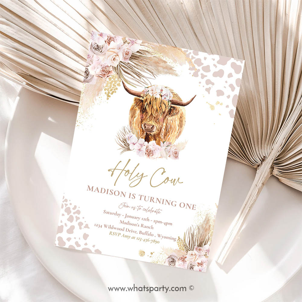 Boho Invitation, Boho Cow Birthday Party Invitation