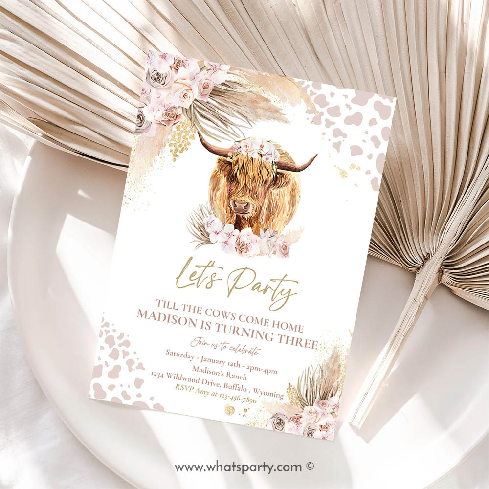 Boho Invitation, Boho Cow Birthday Party Invitation