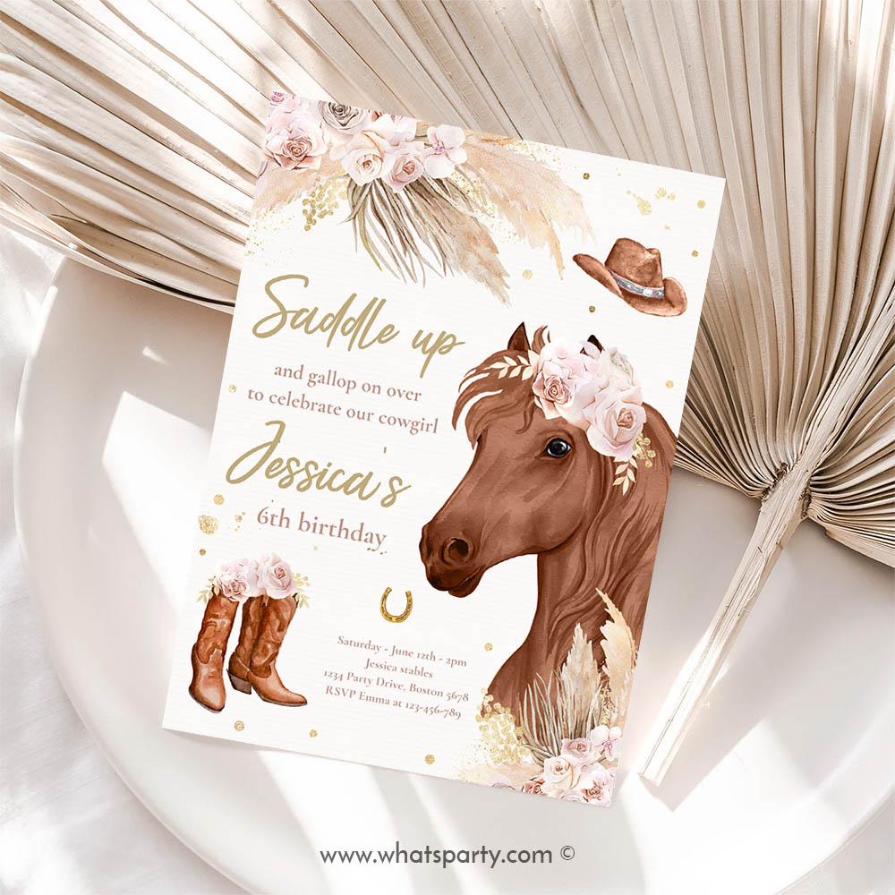 Cowgirl Invitation, Boho Horse Birthday Party Invite Muted Pink Tone Pampas Grass Cowgirl Horse Party Invitation