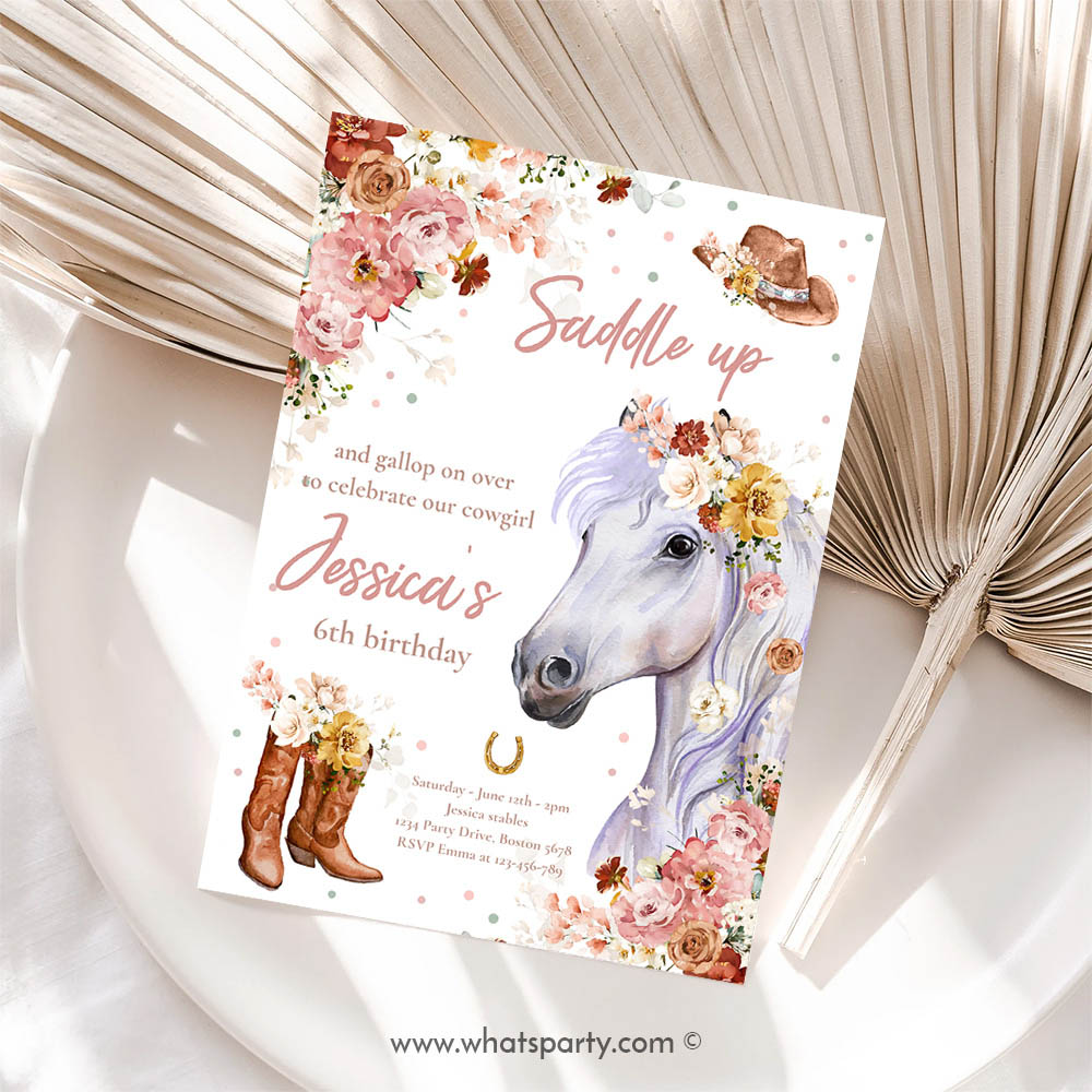 Cowgirl Invitation, Horse Birthday Party Invitation Wildflower Fall Floral Cowgirl Horse Birthday Invitation