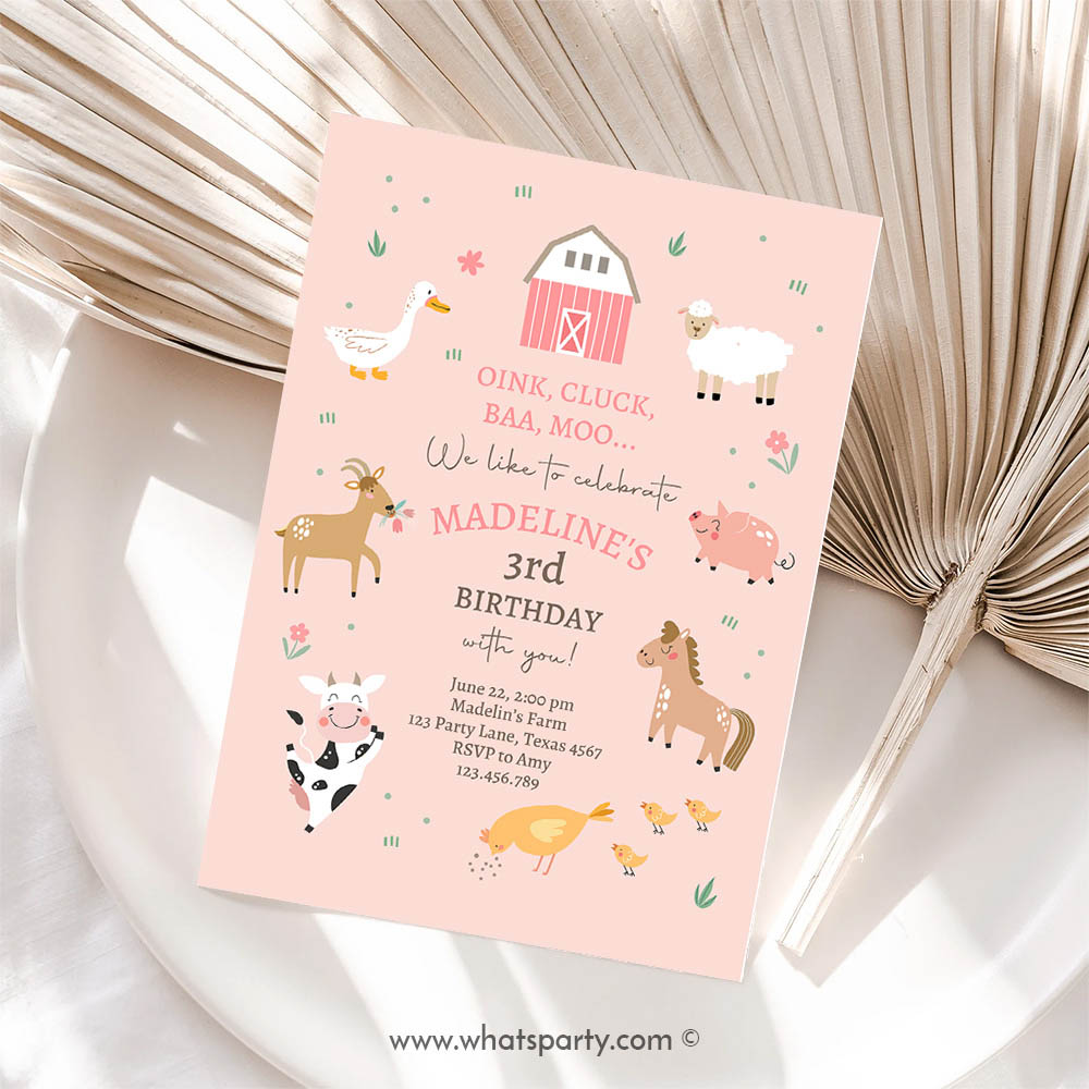 Farm Animal Invitation, Farm Birthday Invitation, Girl Farm Animals Pink Barnyard Party, Modern Pastel Invitation