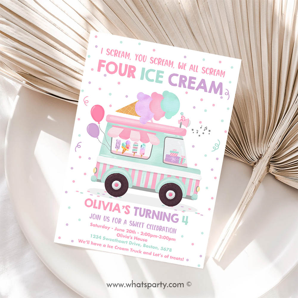 Ice Cream Invitation, I scream You Scream We All Scream Four Ice Cream 4th Birthday Party Invitation