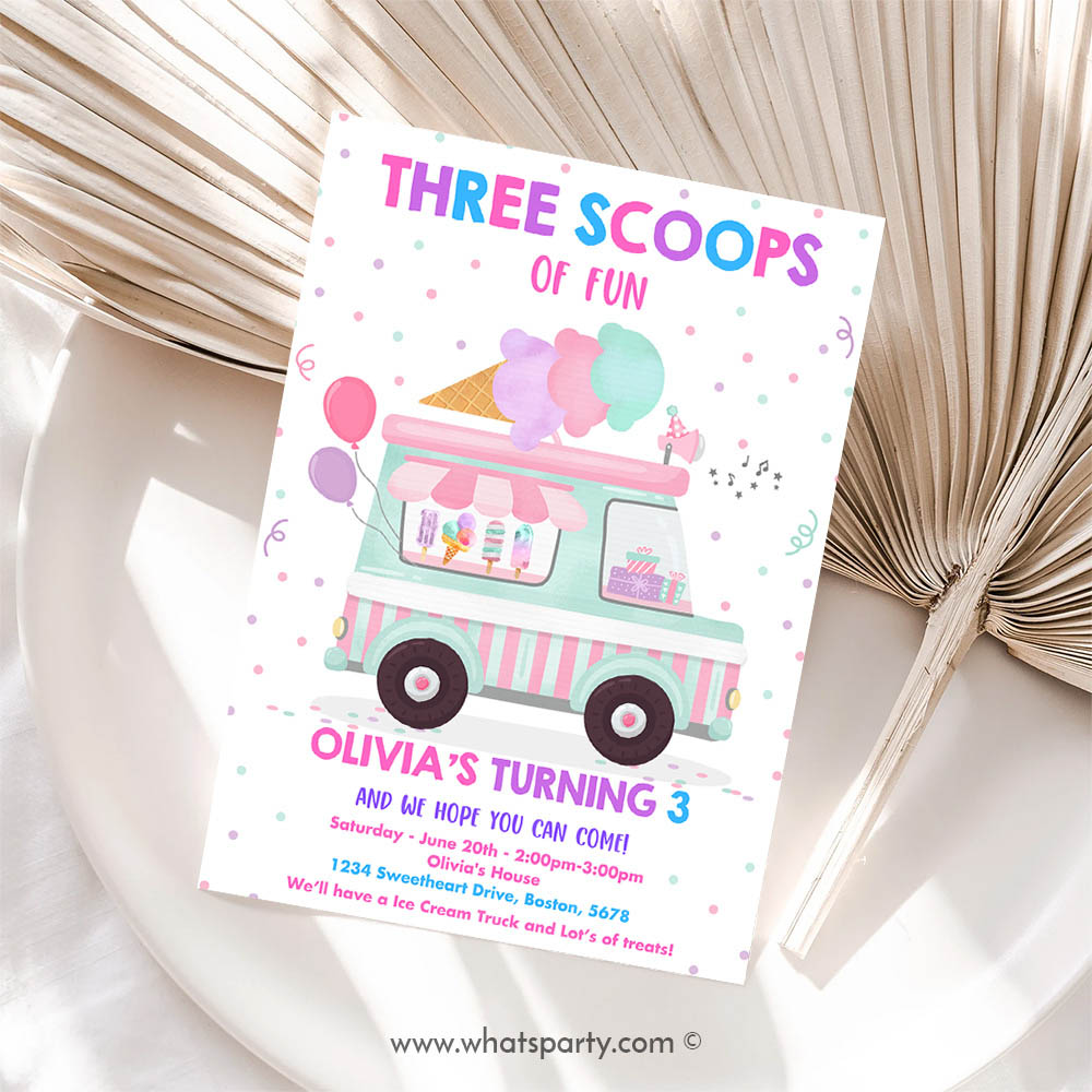 Ice Cream Invitation, Ice Cream Truck Three Scoops Of Fun 3rd Birthday Party Invitation