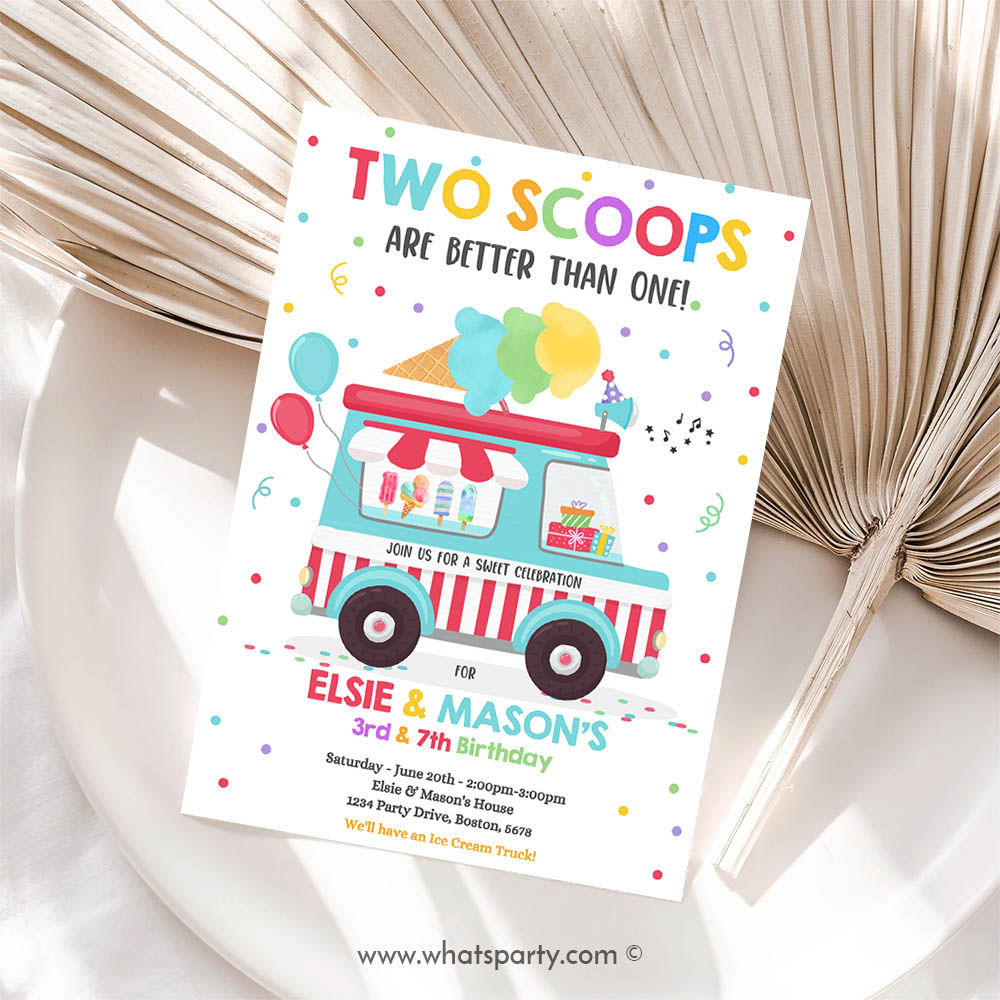 Ice Cream Invitation, Ice Cream Truck Twin Birthday Invitation Twin Ice Cream Birthday Invitation