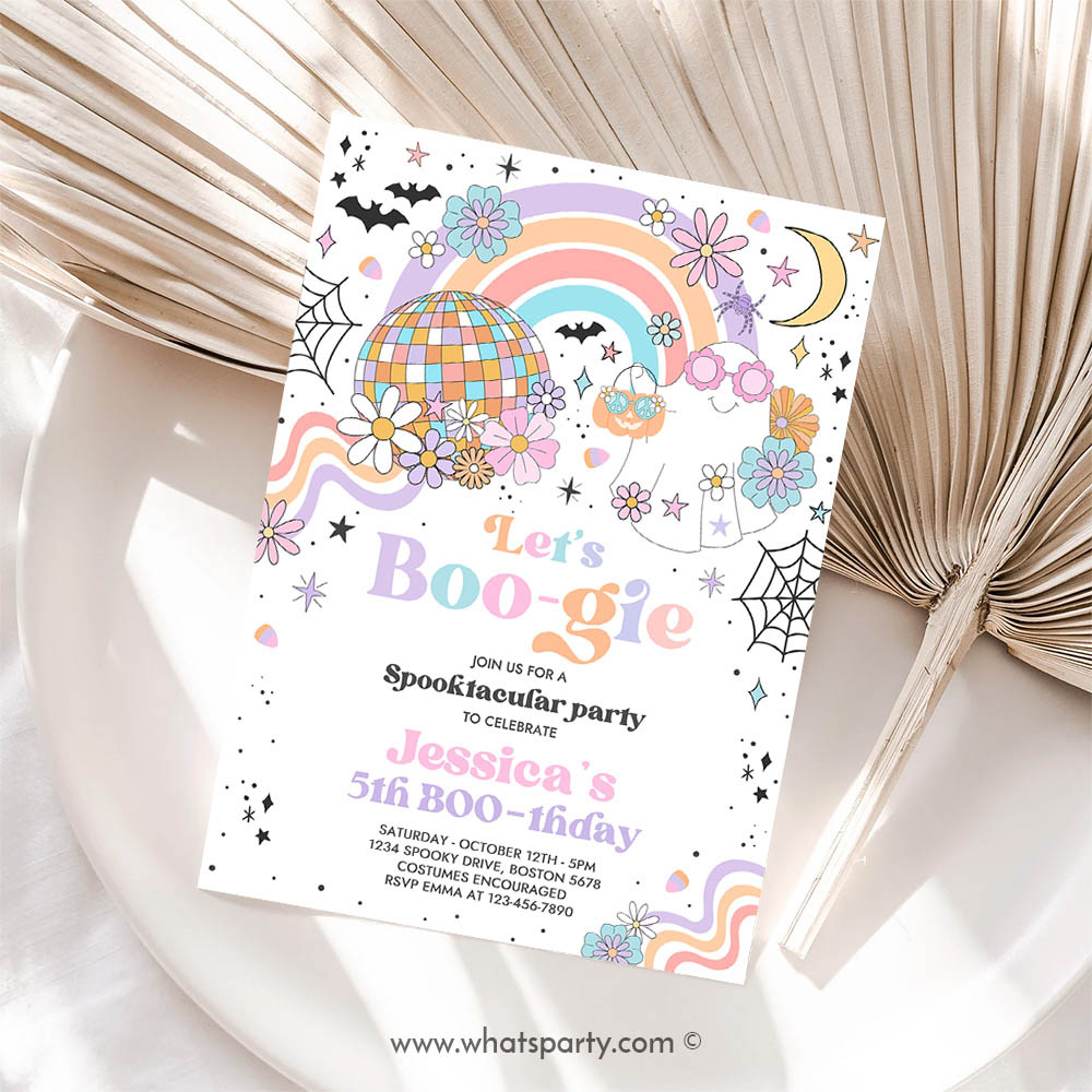 Halloween Invitation, Let's Go Ghouls Halloween Ghost Birthday Party Invitation Retro Groovy Rainbow Ghost Birthday Hippie Halloween