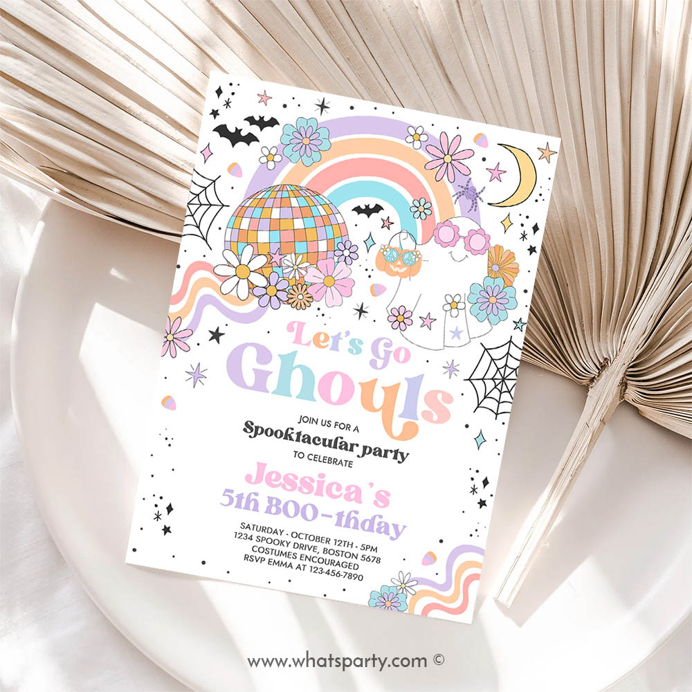 Halloween Invitation, Let's Go Ghouls Halloween Ghost Party Invitation Retro Groovy Rainbow Ghost Birthday Hippie Halloween