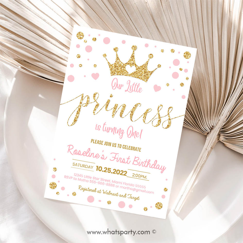 Princess Invitation, Princess Birthday Invitation, Pink and Gold Little Princess Invitation Party, First Birthday Invitation