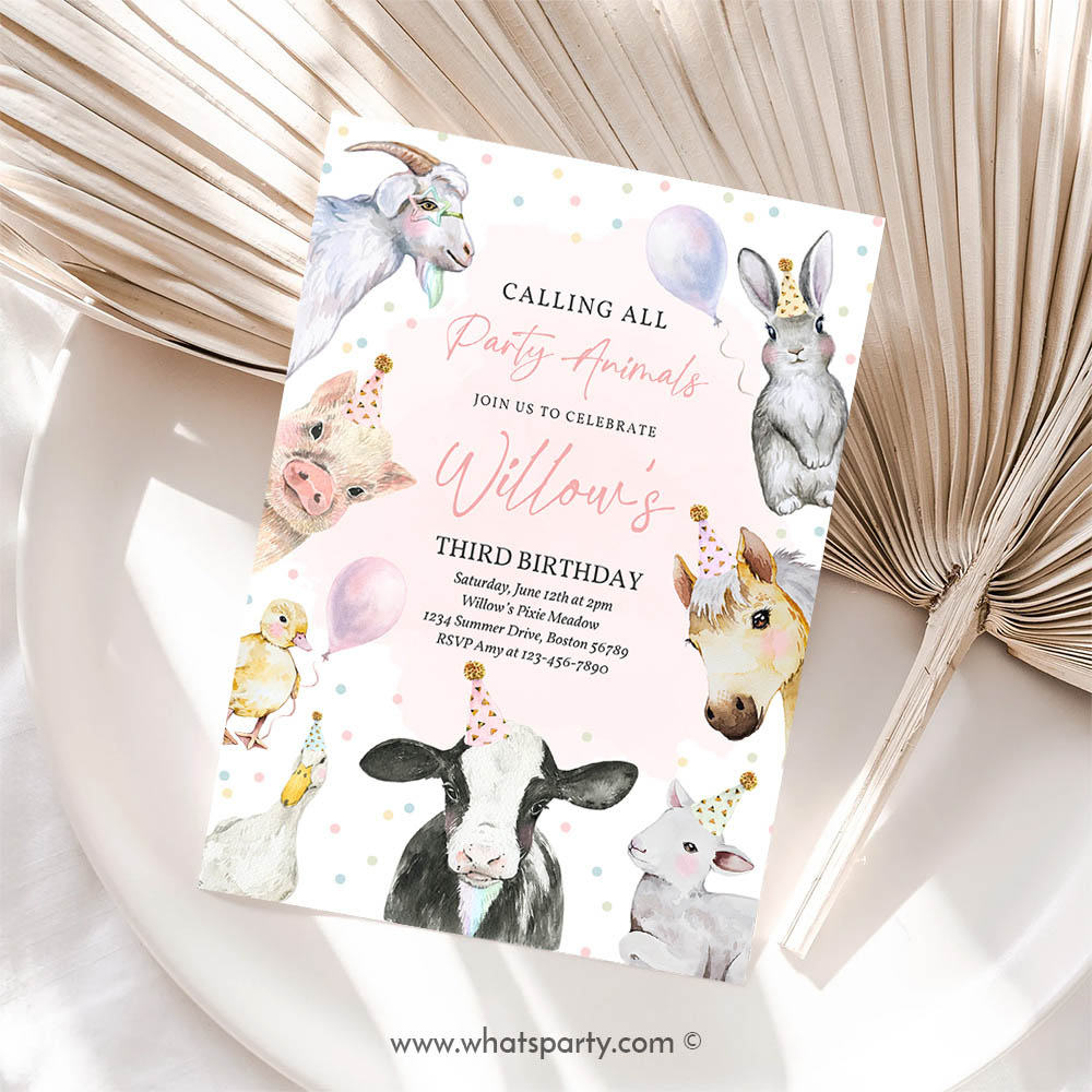 Farm Animal Invitation, Farm Animals Birthday Party Invitation, Pink Girl Farm Barnyard 1st Birthday Party Animals 1st Birthday Party