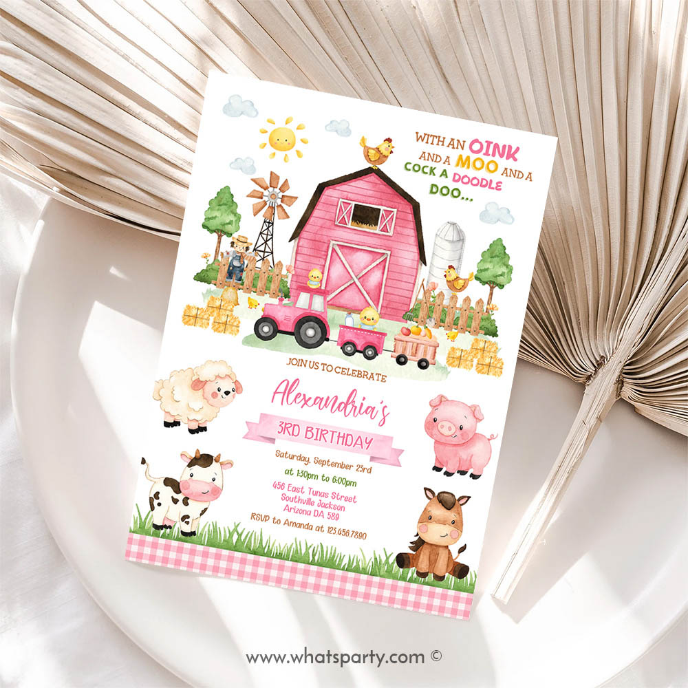 Farm Animal Invitation, Farm Pink Birthday Invitation, Farm Animals Birthday Invitation, Barnyard Invitation, Farm Invitation