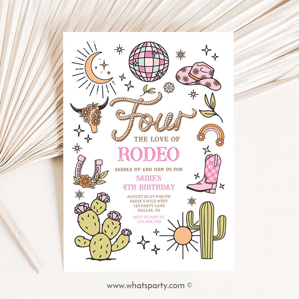 Cowgirl Invitation, Four The Love Of Rodeo Disco Cowgirl Birthday Invitation