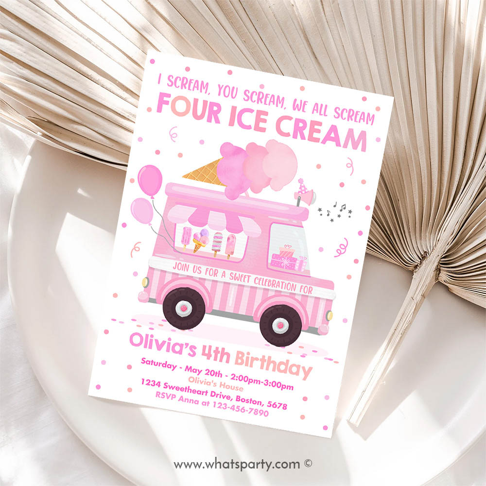 Ice Cream Invitation, Ice Cream Truck Birthday Invitation, I scream You Scream We All Scream Four Ice Cream 4th Birthday Party Invite