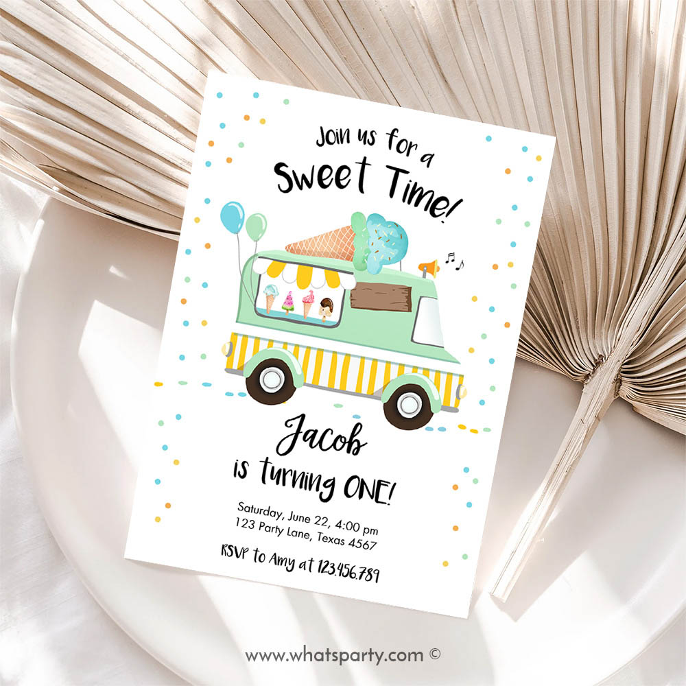 Ice Cream Invitation, Ice Cream Truck Birthday Invitation, Ice Cream Birthday Party Cone Boy Girl Mint Yellow Summer Twin