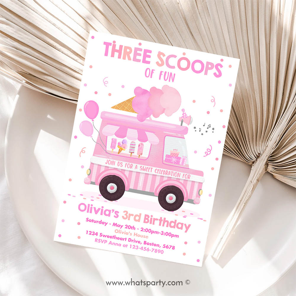 Ice Cream Invitation, Ice Cream Truck Three Scoops Of Fun 3rd Birthday Party Invitation, Ice Cream 3rd Birthday Three Scoops Of Fun