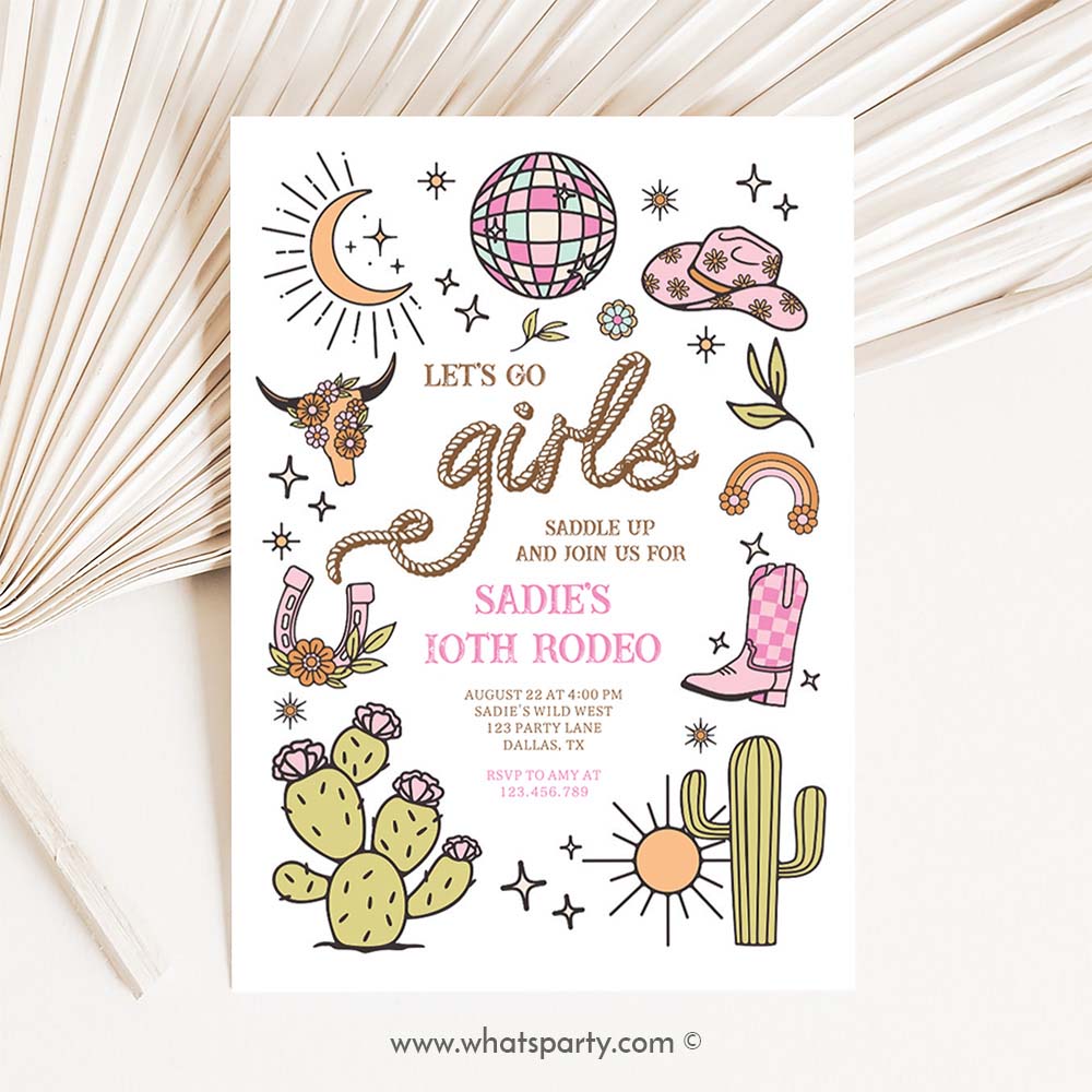 Cowgirl, Rodeo Retro Disco Invitation, Lets Go Girls Rodeo Retro Disco Cowgirl Birthday Invitation