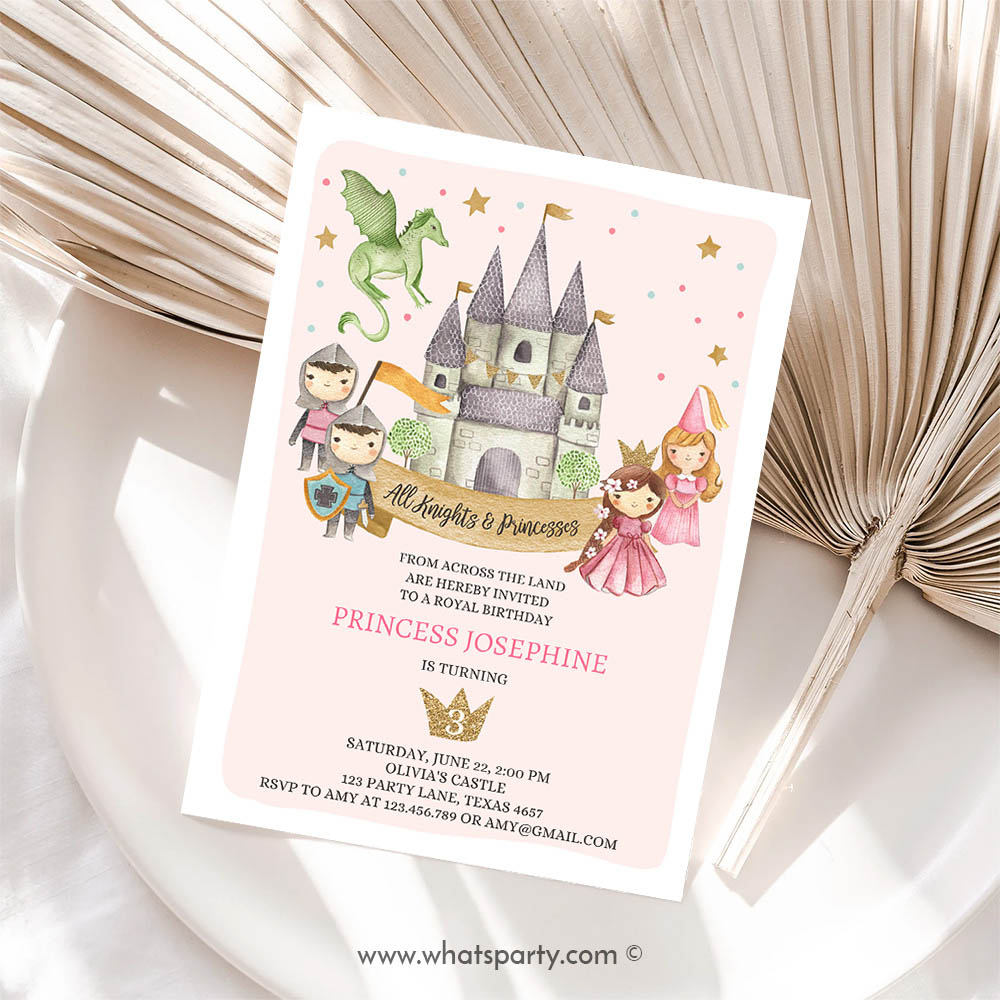 Princess Invitation, Princess and Knight Birthday Invitation, Once Upon a Time Princess Royal Birthday Girl Pink Castle