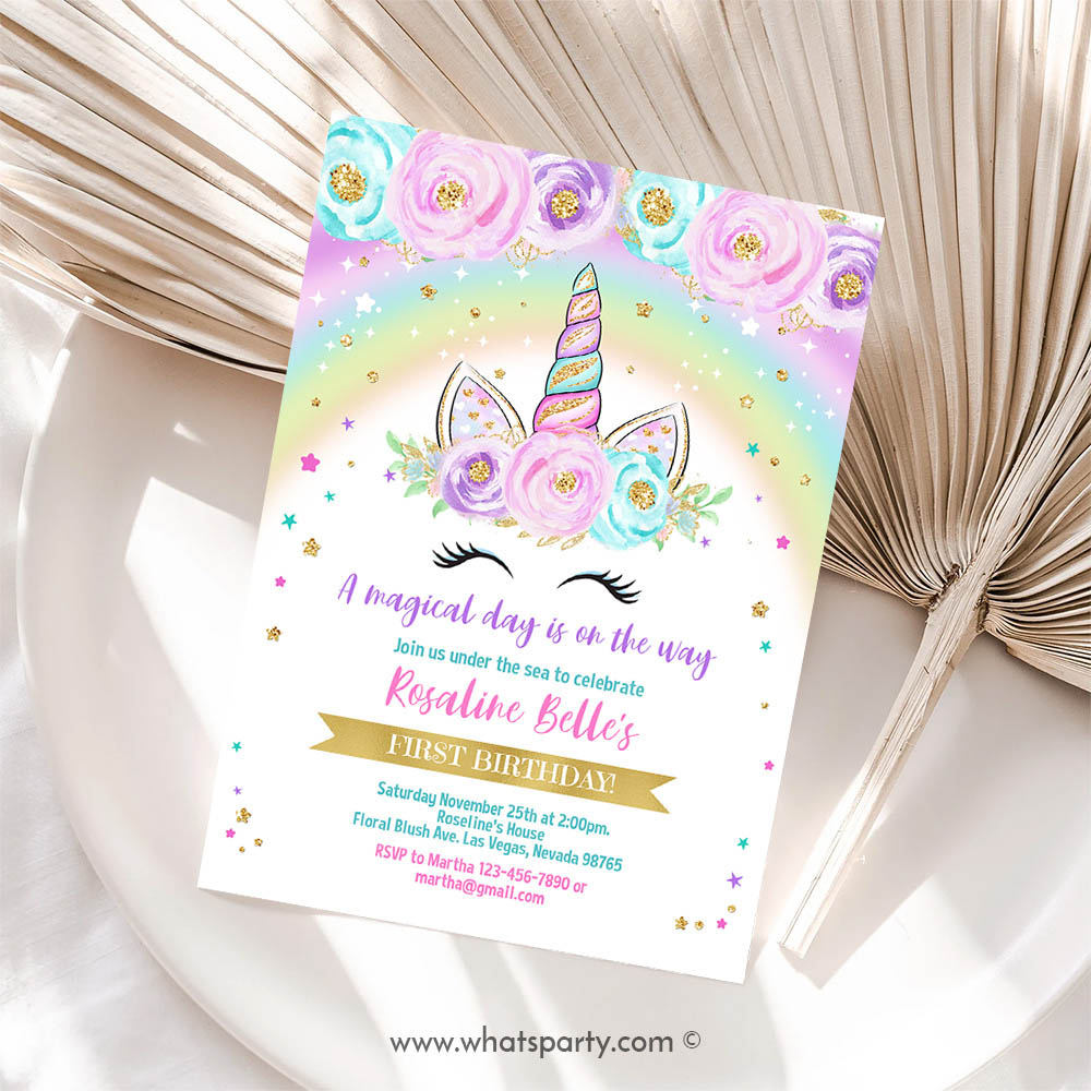 Floral Invitation, Rainbow Unicorn Birthday Invitation, Unicorn party, Floral Magical Unicorn Invitation, Unicorn Invitation