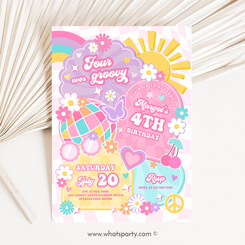 Four Ever Groovy 4th Birthday Party Invitation Rainbow Sunshine Peace Love Party Groovy Hippie Birthday Party E5T