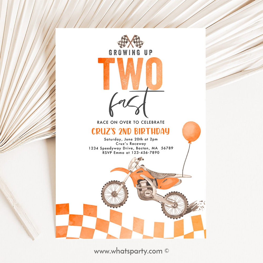 Growing Up Two Fast Orange Dirt Bike Boy Birthday Invitation