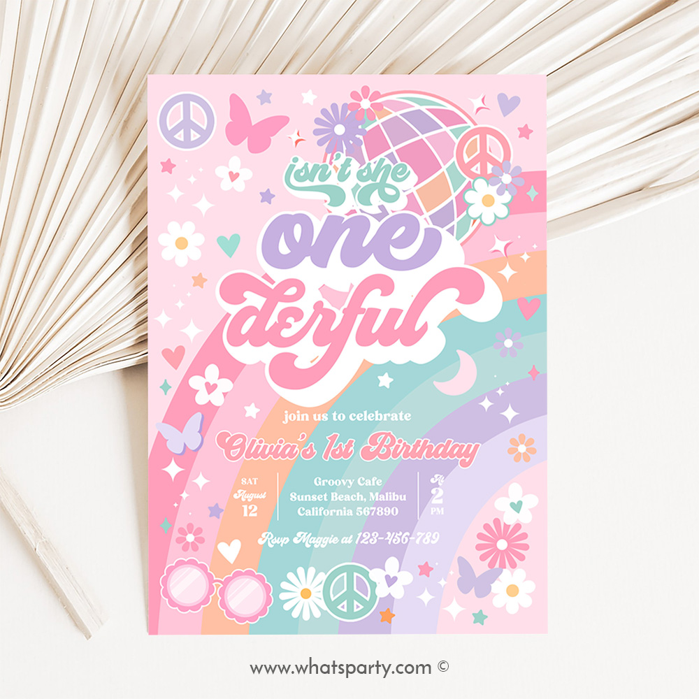 Isn't She Onederful Daisy 1st Birthday Party Invitation Boho Retro Groovy Hippie Floral Birthday Party J2Q