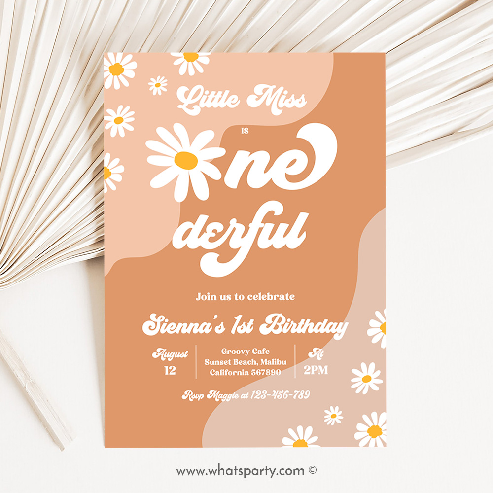 Little Miss Onederful Daisy 1st Birthday Party Invitation Boho Retro Groovy Hippie Floral 70's Birthday Party Fr