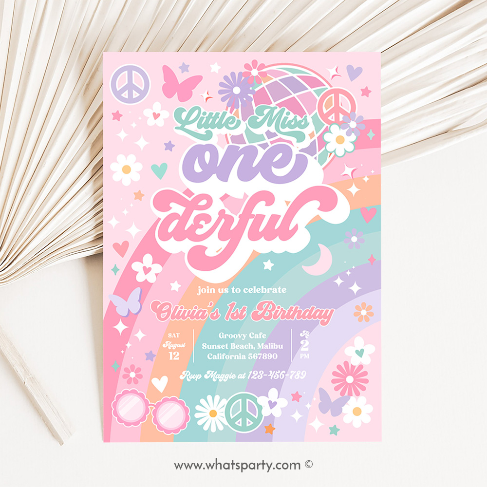 Little Miss Onederful Daisy 1st Birthday Party Invitation Boho Retro Groovy Hippie Floral 70's Birthday Party J2Q