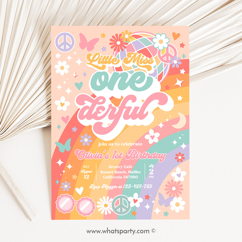 Little Miss Onederful Daisy 1st Birthday Party Invitation Boho Retro Groovy Hippie Floral 70's Birthday Party J2W