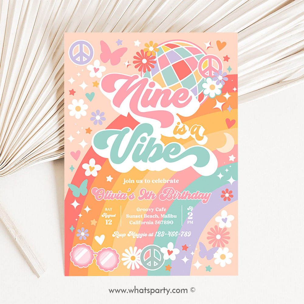 Nine Is A Vibe 9th Birthday Party Invitation Rainbow Sunshine Peace Love Party Groovy Hippie Party J2W